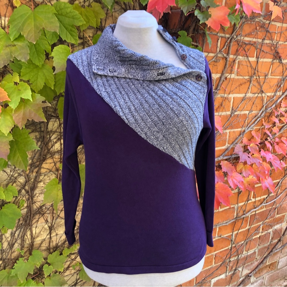 Large Ruched Upcycled Sweater Purple Blue Heather Button Collar Embody C…